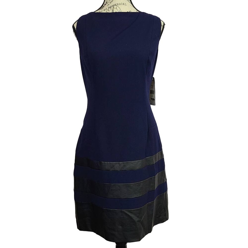 NWT Lauren Ralph Lauren Navy Blue Sleeveless Dress w/ Faux Leather Trim Size 12
